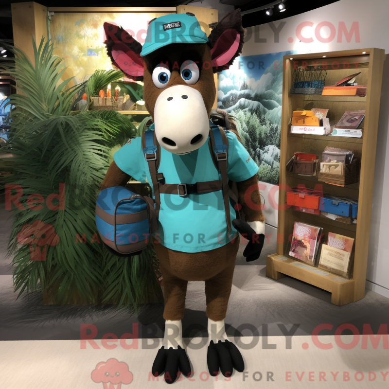 Fantasia de mascote de ocapi turquesa com calça cargo e bolsas tipo carteiro - Mascotes Okapi - REBROKO_280398 - RedBrokoly.com