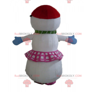 Grote sneeuwpop mascotte met een rok en vlechten -