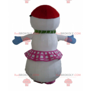 Grote sneeuwpop mascotte met een rok en vlechten -