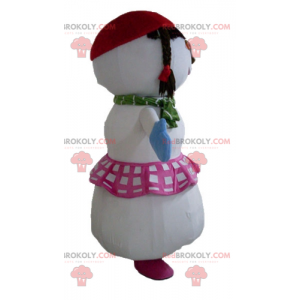 Maskot stor snögubbe med kjol och flätor - Redbrokoly.com