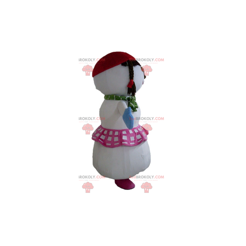 Mascote grande boneco de neve com saia e tranças -