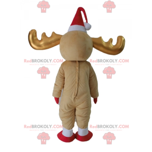 Brown and white reindeer mascot with golden horns -