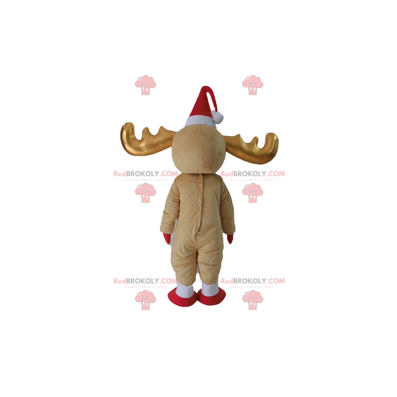 Brown and white reindeer mascot with golden horns -