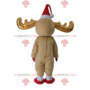 Brown and white reindeer mascot with golden horns -