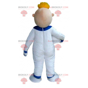 Mascotte dell'astronauta dell'uomo biondo in tuta bianca -