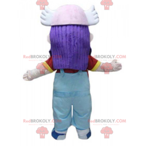 Mascot girl with purple hair in overalls - Redbrokoly.com