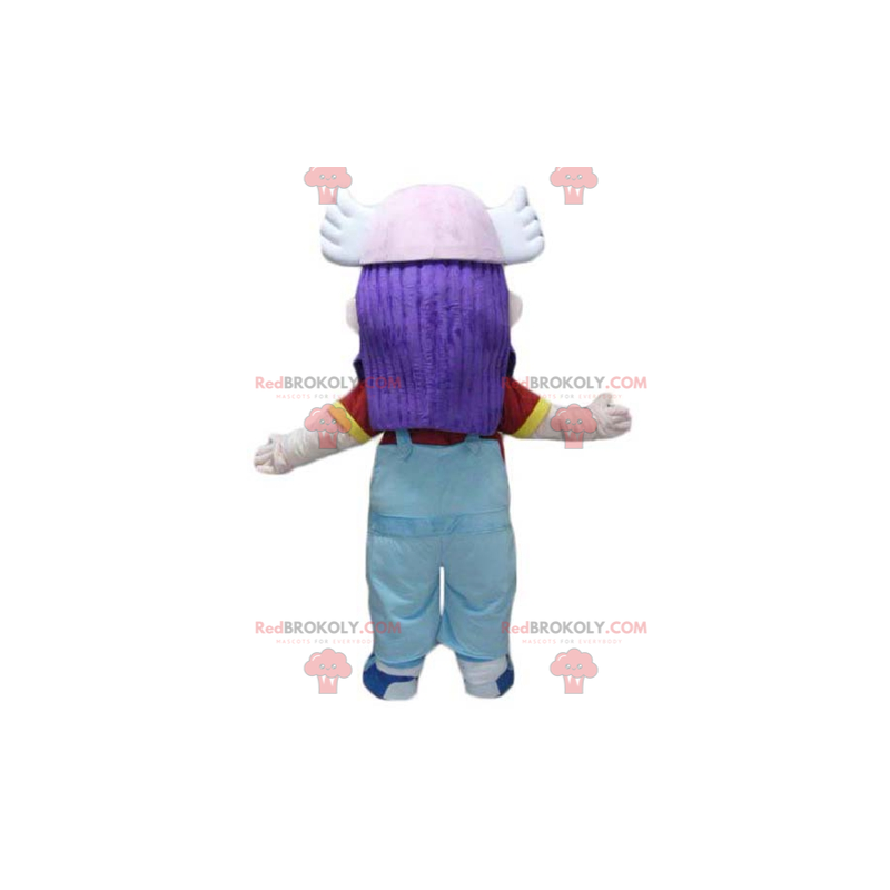Maskottepige med lilla hår i overalls - Redbrokoly.com