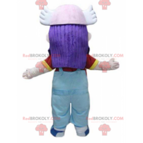 Garota mascote com cabelo roxo de macacão - Redbrokoly.com