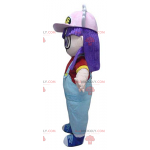 Garota mascote com cabelo roxo de macacão - Redbrokoly.com