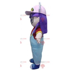 Maskottflicka med purpurfärgat hår i overaller - Redbrokoly.com