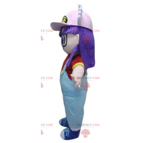 Mascotte de fillette aux cheveux violets en salopette -