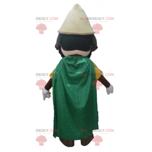 Knight mascot with a yellow outfit and a green cape -