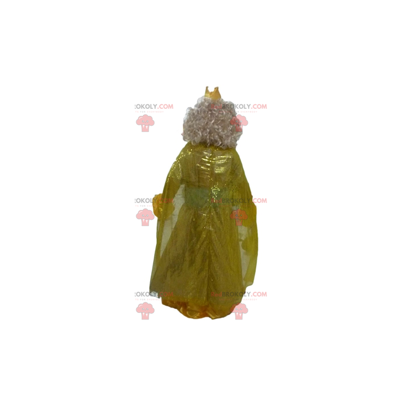 Prinsessadrottningmaskot i gul klänning med en krona -