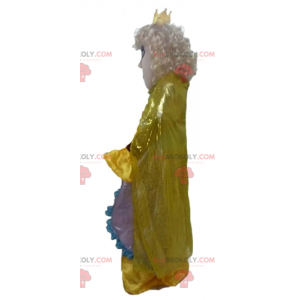 Princess queen mascot in yellow dress with a crown -