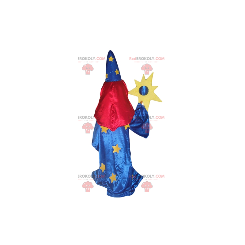 Mascote mágico em vestido azul com véu sobre os olhos -