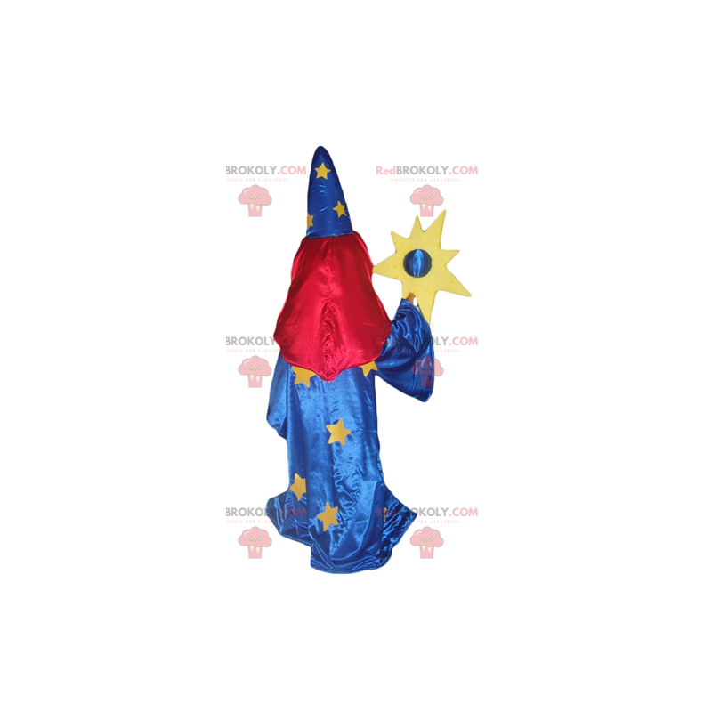 Mascotte de magicienne en robe bleue avec un voile sur les yeux