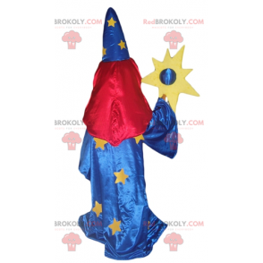 Magician mascot in blue dress with a veil on the eyes -