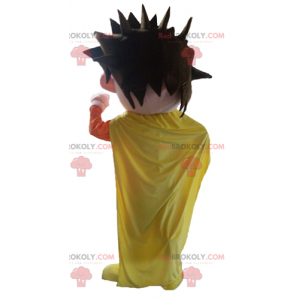 Mascotte supereroe vestita di arancione e giallo -