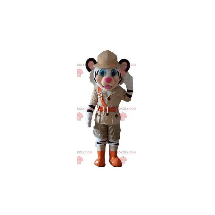 White and black tiger mascot in explorer outfit - Redbrokoly.com