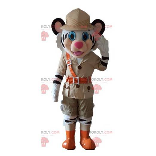 Mascote tigre branco e preto em traje de explorador -