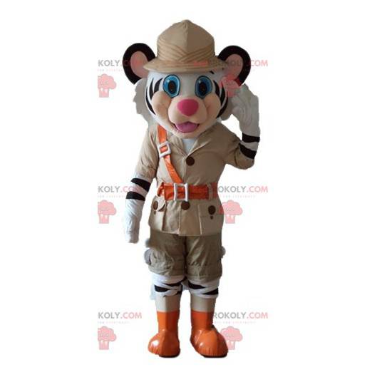 White and black tiger mascot in explorer outfit - Redbrokoly.com