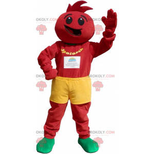 Mascote de boneco de neve todo vermelho com shorts amarelos -