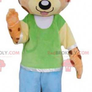 Orange teddy bear mascot and yellow tiger in colorful outfit -