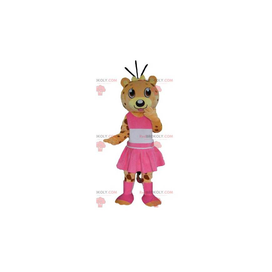 Orange nallebjörnmaskot och gul tiger klädd i rosa -