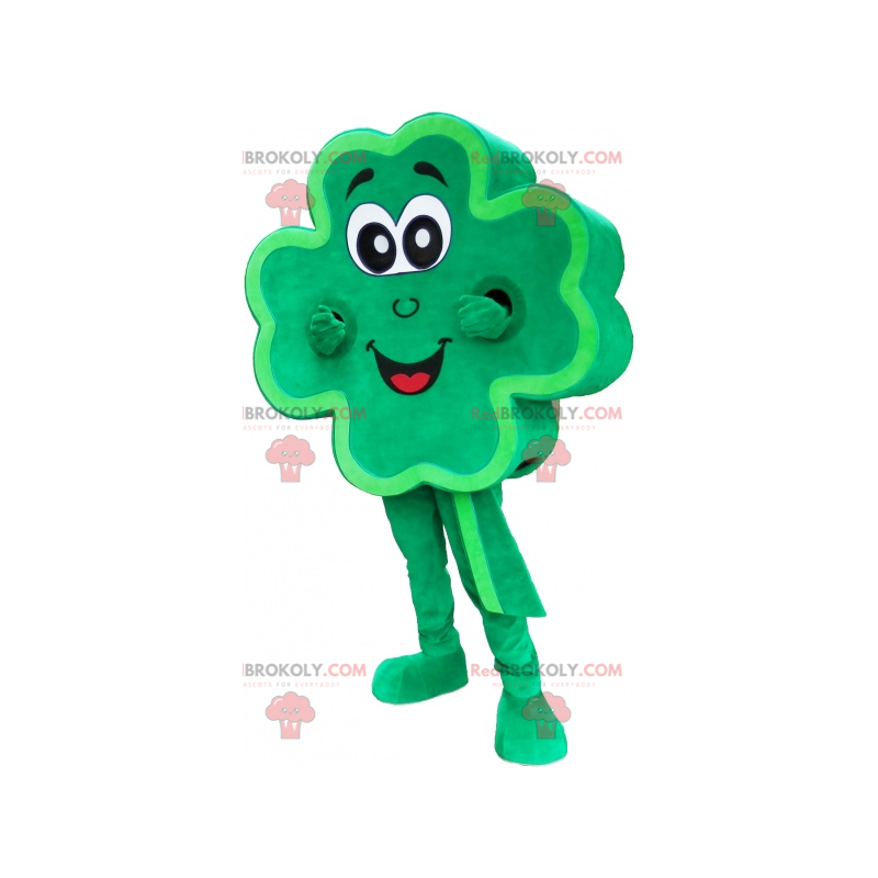 Mascote trevo gigante verde de 4 folhas sorrindo -