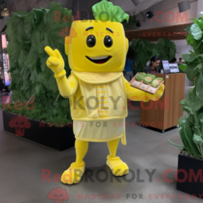 Fantasia de mascote Salada César amarela com macacão e carteiras - Mascotes da Salada Caesar - REBROKO_281304 - RedBrokoly.com
