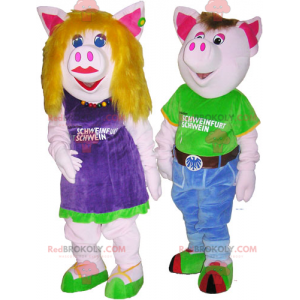 2 männliche und weibliche Schweinemaskottchen in bunten Outfits