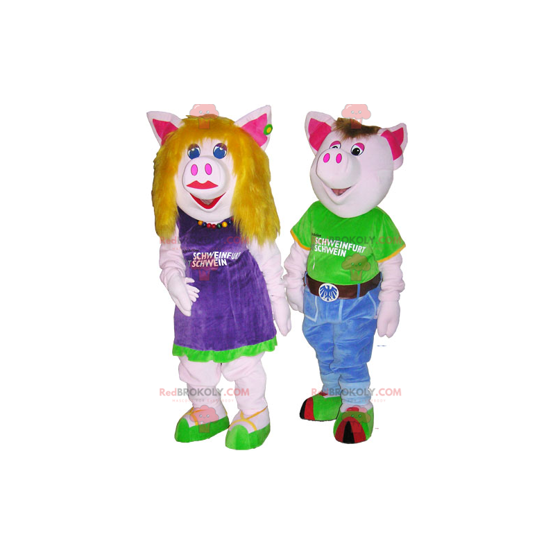 2 mascotte di maiale maschio e femmina in abiti colorati -