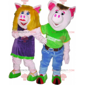 2 männliche und weibliche Schweinemaskottchen in bunten Outfits