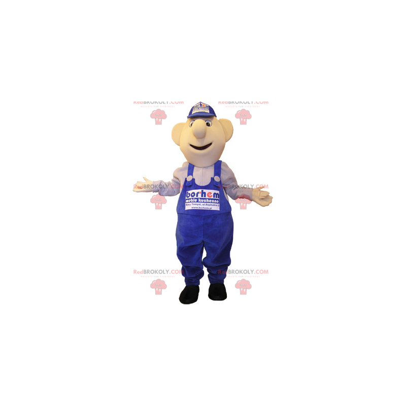 Mascotte de bonhomme en salopette et casquette bleues -