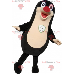 Mascote foca preta roliça e engraçada com nariz vermelho -