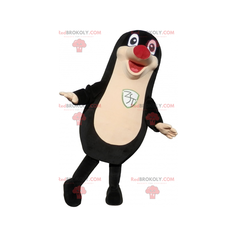 Mascotte de phoque noir dodu et drôle avec un nez rouge -