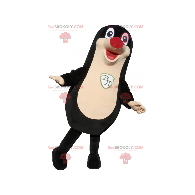 Mascotte foca nera grassoccia e divertente con un naso rosso -