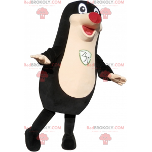Mascote foca preta roliça e engraçada com nariz vermelho -