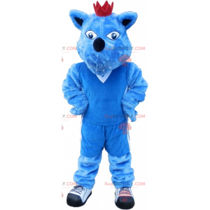 Blaues Hundemaskottchen mit einer Krone. Blaues Tiermaskottchen