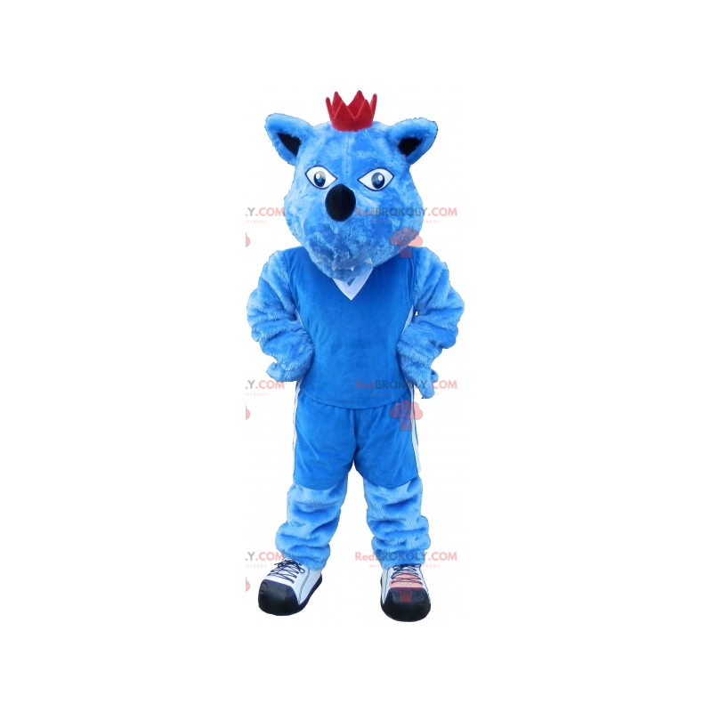 Blaues Hundemaskottchen mit einer Krone. Blaues Tiermaskottchen