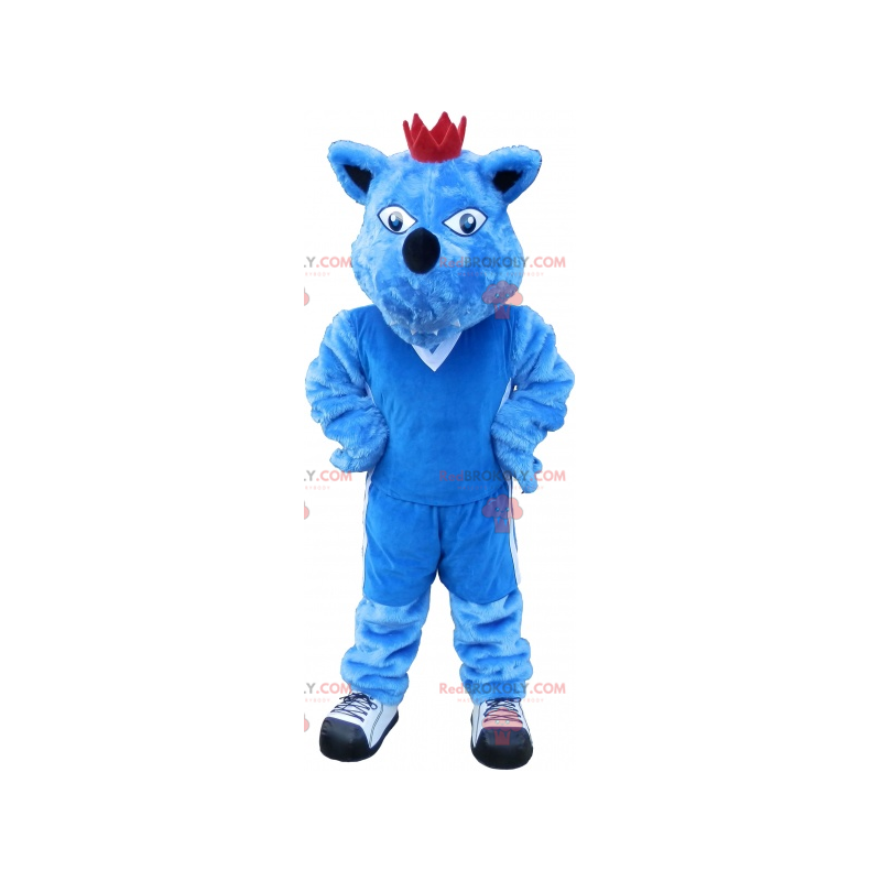 Blue dog mascot with a crown. Blue animal mascot -