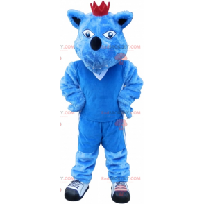 Blå hundmaskot med en krona. Blå djurmaskot - Redbrokoly.com