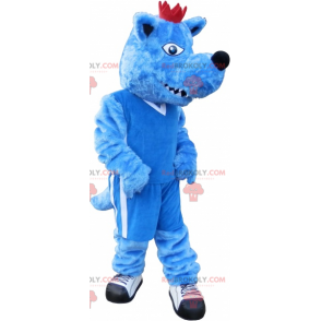Blå hundmaskot med en krona. Blå djurmaskot - Redbrokoly.com