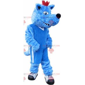 Mascote do cão azul com uma coroa. Mascote animal azul -