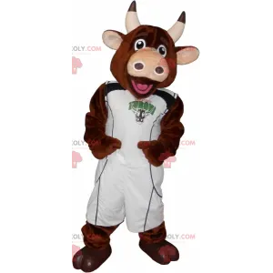 Brown cow mascot with a basketball player outfit -