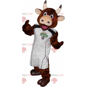 Mascote da vaca marrom com roupa de jogador de basquete -