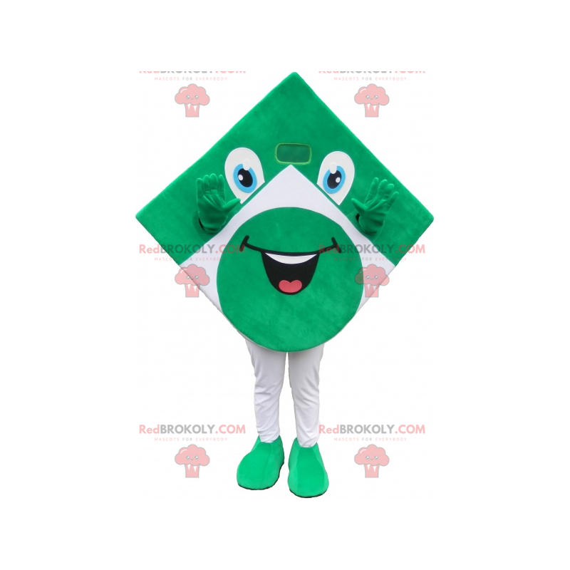 Mascota cuadrada verde y blanca con aspecto divertido -