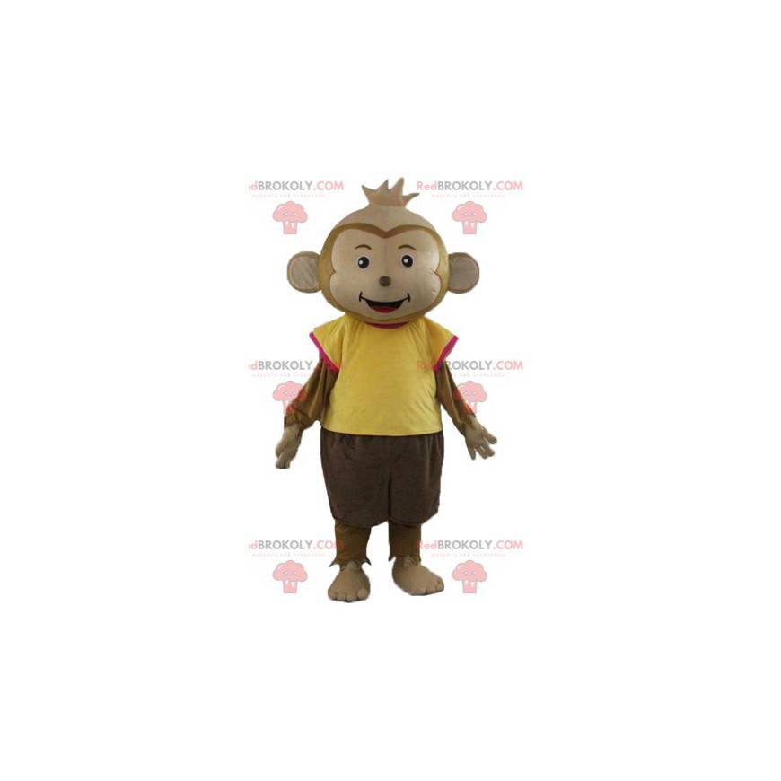 Mascotte bruine aap gekleed in een kleurrijke outfit -