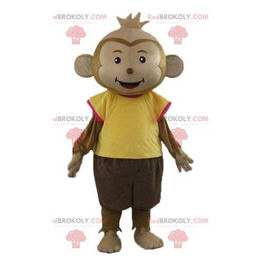 Mascotte de singe marron habillé d'une tenue colorée -
