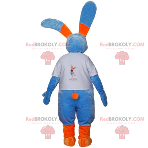 Grote blauwe en oranje konijnmascotte met grote oren -